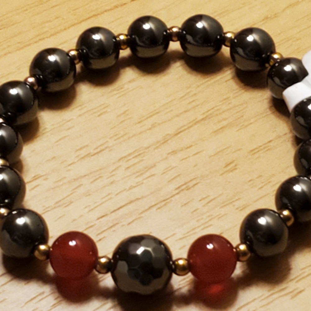 Jewelry- Stretch Bracelet! New w/tags! Round beads- Red Onyx, gunmetal/dark
